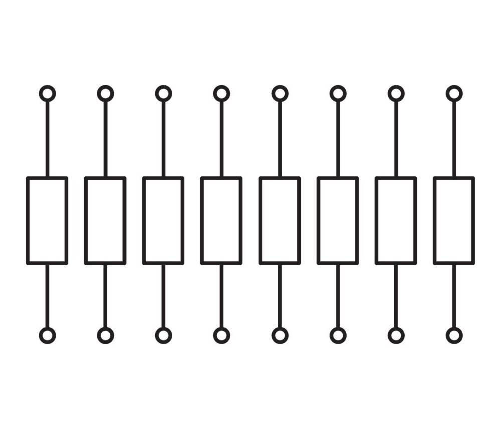 Eine Reihe von acht vertikalen, miteinander verbundenen Kasten- und Liniendiagrammen auf einem weißen Hintergrund, die ein Muster oder eine Abfolge andeuten.
