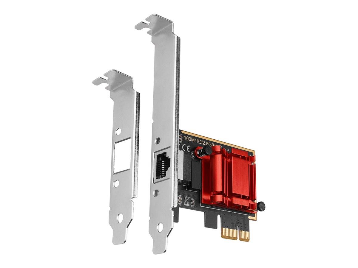 PCIe-Netzwerkkarte mit schwarzer Leiterplatte und roten Kühlkörper, zusammen mit zwei Metall-Befestigungsklammen.