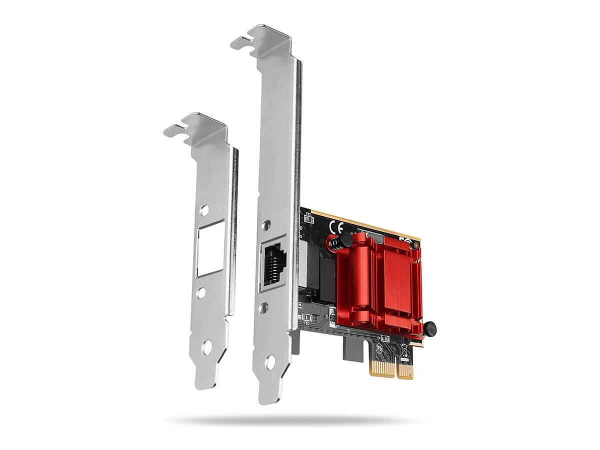 PCIe-Erweiterungskarte mit zwei roten externen Antennenmodulen und zwei Metallbracketabdeckungen, dargestellt auf weißem Hintergrund.