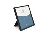 Schwarzer Bilderrahmen mit einem Ständer, der Platzhaltertext und einen blauen Abschnitt anzeigt.