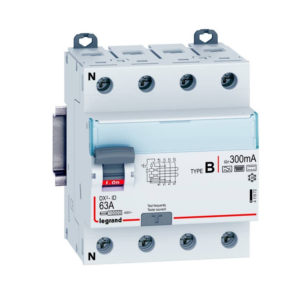 Legrand DX3-ID Schalter, Typ B, 63A, 300mA, mit Test-/Rückstellschalter, gekennzeichnet für elektrische Sicherheit und Steuerung.