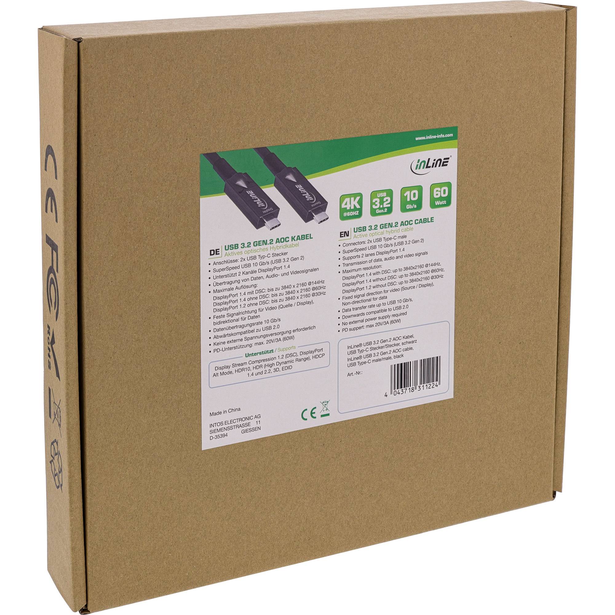 Braune Kartonbox im Einzelhandel für ein inLine USB 3.2 Gen 2 AOC-Kabel mit Produktetikett, das „4K