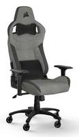 Grauer und schwarzer ergonomischer Büro-Gaming-Stuhl mit Kopfstütze, Lendenwirbelstütze, Armlehnen und fünfrädrigem Untergestell auf weißem Hintergrund.
