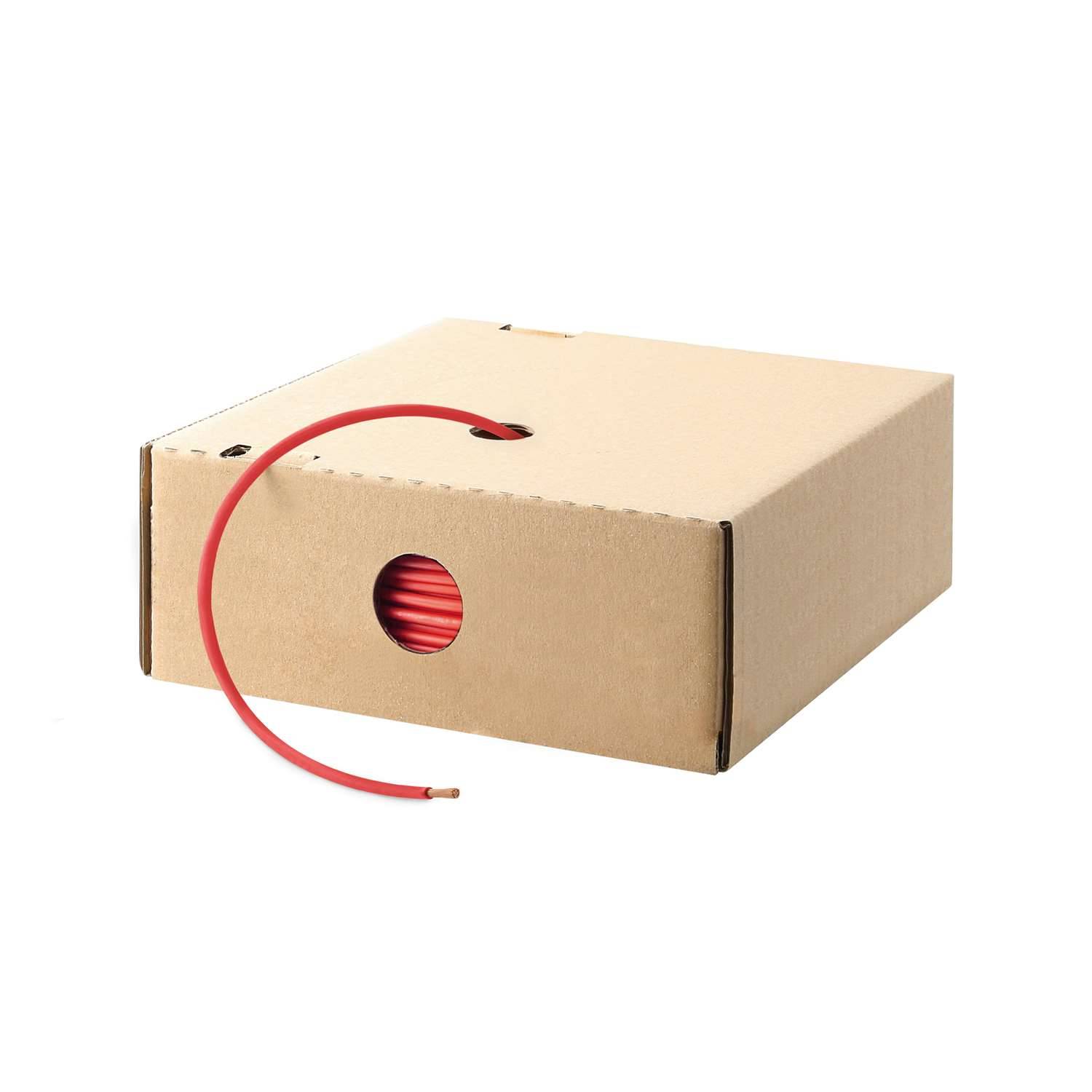 Eine Pappschachtel mit einem roten Draht, der teilweise aus einer kreisförmigen Öffnung herausragt, was auf Lagerung oder Verpackung für Elektrokabel hindeutet.