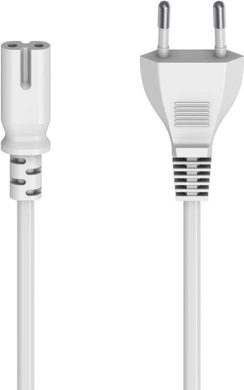 Weißes zweipoliges Stromkabelstecker-Verbindungsstück mit passendem Stecker, nebeneinander auf einfarbigem Hintergrund dargestellt.