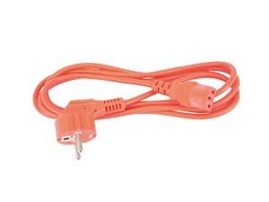Eine orangefarbene Verlängerungschnur mit einem dreipoligen Stecker an einem Ende und einer zweifach-Steckdose am anderen Ende, aufgerollt auf weißem Hintergrund.