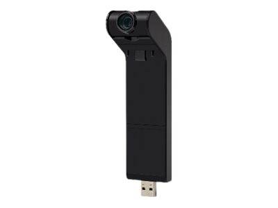 Schwarze USB-Webcam mit verstellbarem Kopf und integriertem USB-Anschluss, gezeigt auf einem einfachen weißen Hintergrund.