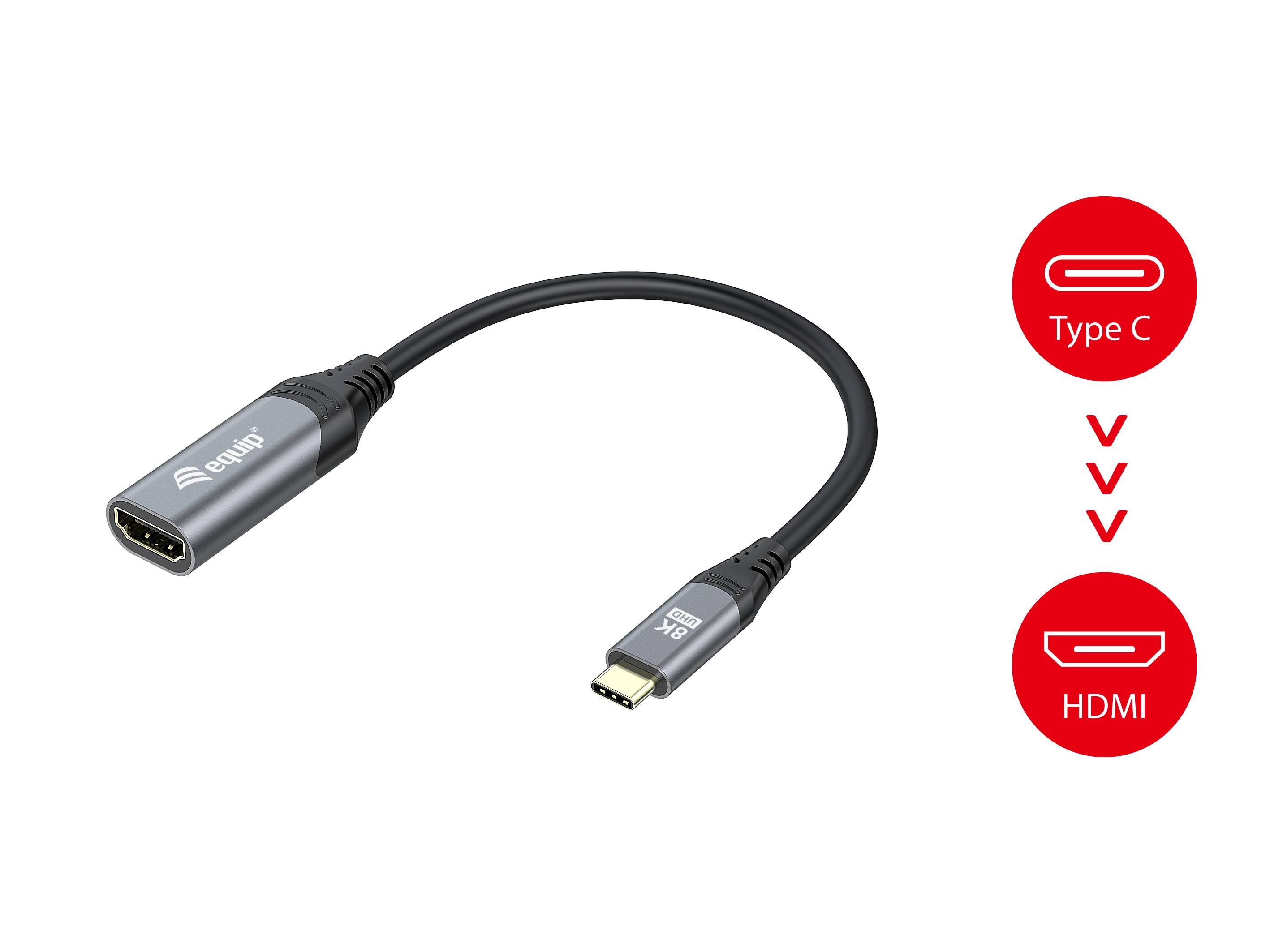 Equip Adapterkabel - 24 pin USB-C männlich zu HDMI weiblich - 15 cm - Grau - 1080p-Unterstützung, unterstützt 8K UHD (7680 x 4320)