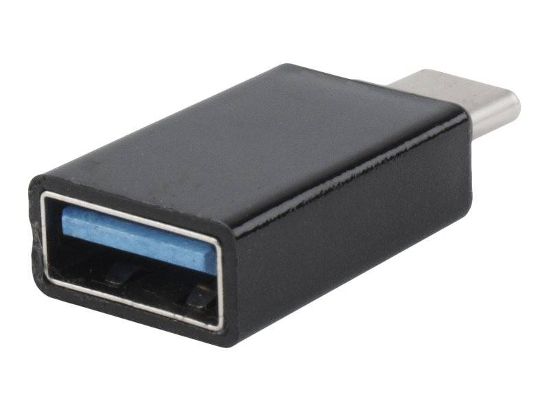 Schwarzer USB-C-zu-USB-A-Adapter mit weiblichem USB-A-Anschluss und männlichem USB-C-Stecker auf weißem Hintergrund