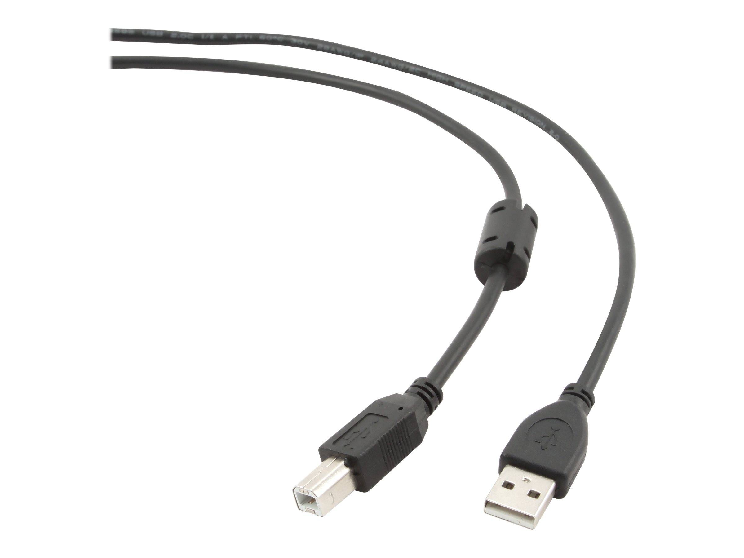 USB-Kabel mit einem quadratischen druckerartigen Stecker an einem Ende und einem Standard-USB-A-Stecker am anderen Ende, gezeigt auf weißem Hintergrund.