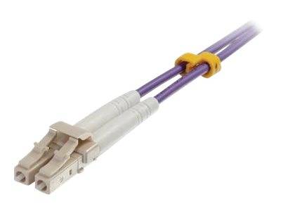 Nahaufnahme eines Dualfaser-Lichtwellenleiterkabelsteckers mit zwei violetten Kabeln und einem beigen Stecker auf weißem Hintergrund.