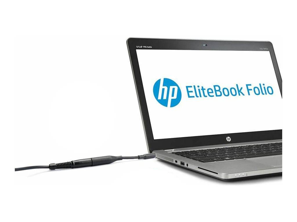 HP EliteBook Folio Laptop in teilweiser Seitenansicht gezeigt, mit einem Kabel, das in die linke Seite gesteckt ist.