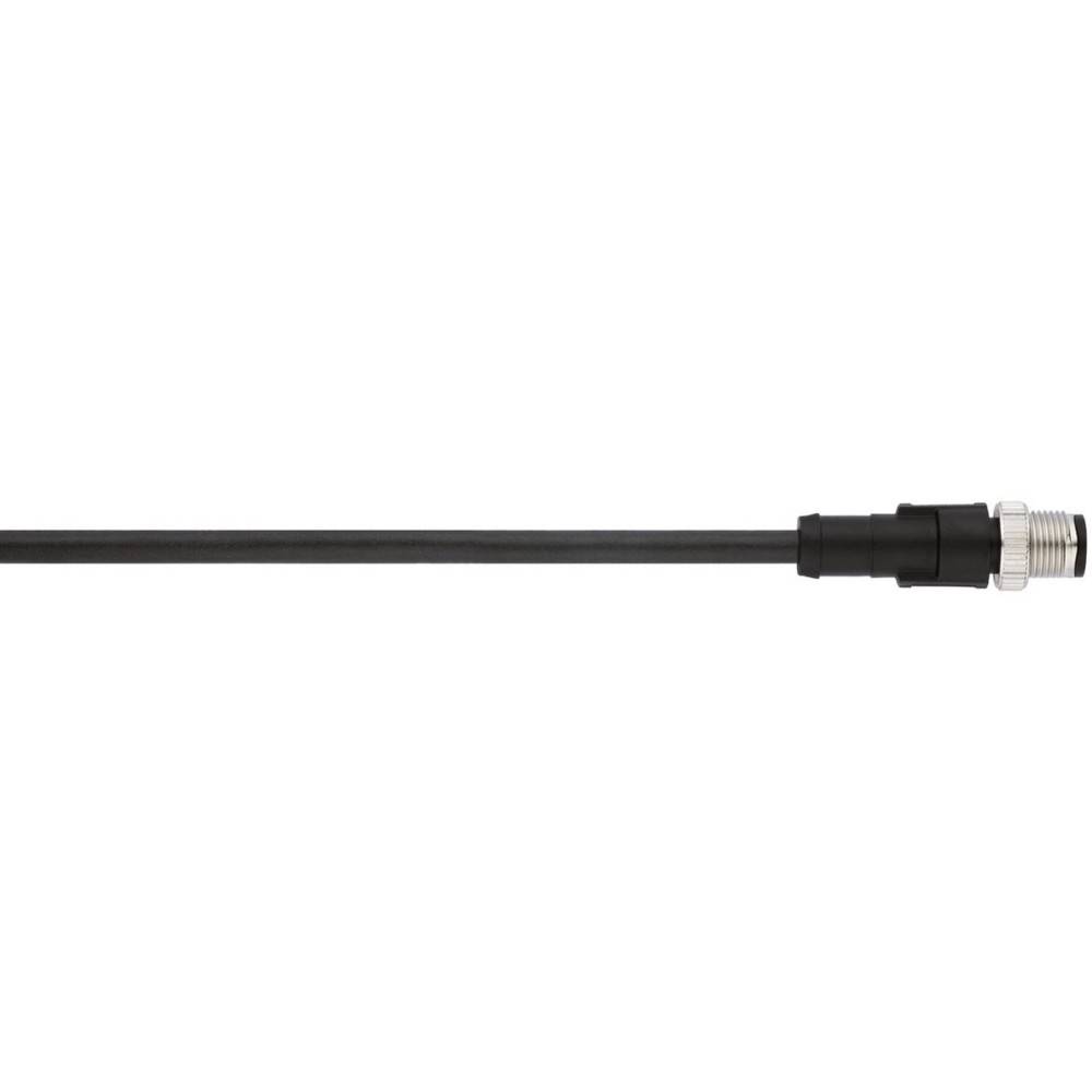 Ein schwarzes Kabel mit einem Metallstecker am rechten Ende, entwickelt für elektronische oder Konnektivitätszwecke, auf einem einfarbigen Hintergrund dargestellt.