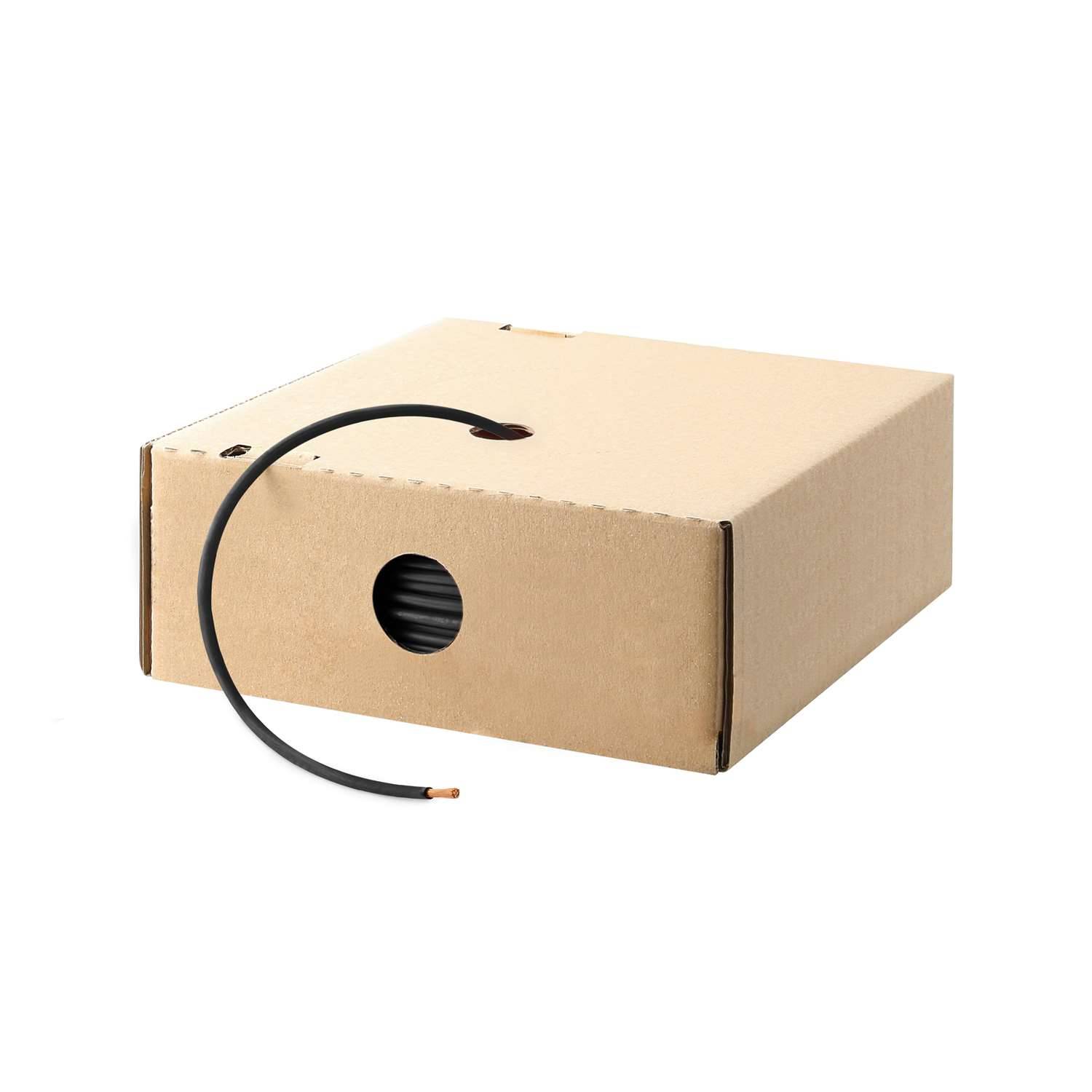 Ein brauner Karton mit einem Loch, aus dem ein aufgerolltes schwarzes Kabel teilweise herausgezogen wird und ein Kupferende zeigt.
