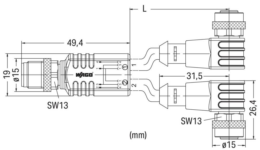 Diagramm eines elektrischen Anschlusses mit beschrifteten Abmessungen. Breite beträgt 49,4 mm, Länge ist als 'L' gekennzeichnet. Enthält Anschluss-Teilenummern 1 und 2.