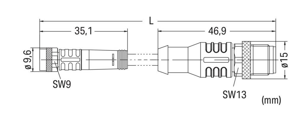 Technische Linienzeichnung eines Gewindeanschlussteils mit beschrifteten Abmessungen 'L' und Durchmesser, die Maße für die Fertigung angeben.