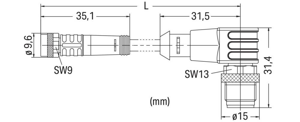 Technische Zeichnung einer mechanischen Komponente mit beschrifteten Abmessungen L und 31,5 mm, mit einem sechseckigen Abschnitt, gekennzeichnet als SW13.