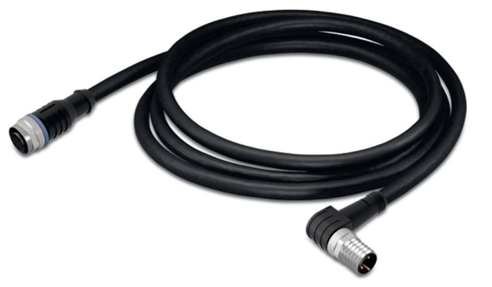 Ein aufgewickeltes schwarzes Kabel mit einem metallischen Anschluss an einem Ende, geeignet für mechanische Werkzeuge oder elektronische Geräte.