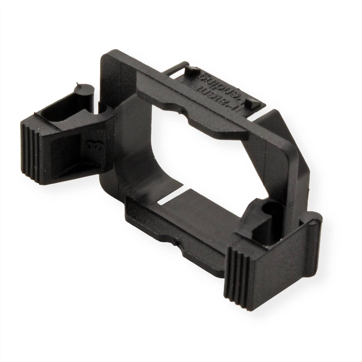 Eine schwarze Kunststoffklammer mit Nuten und Klips, die zur sicheren Befestigung eines Objekts konzipiert ist.