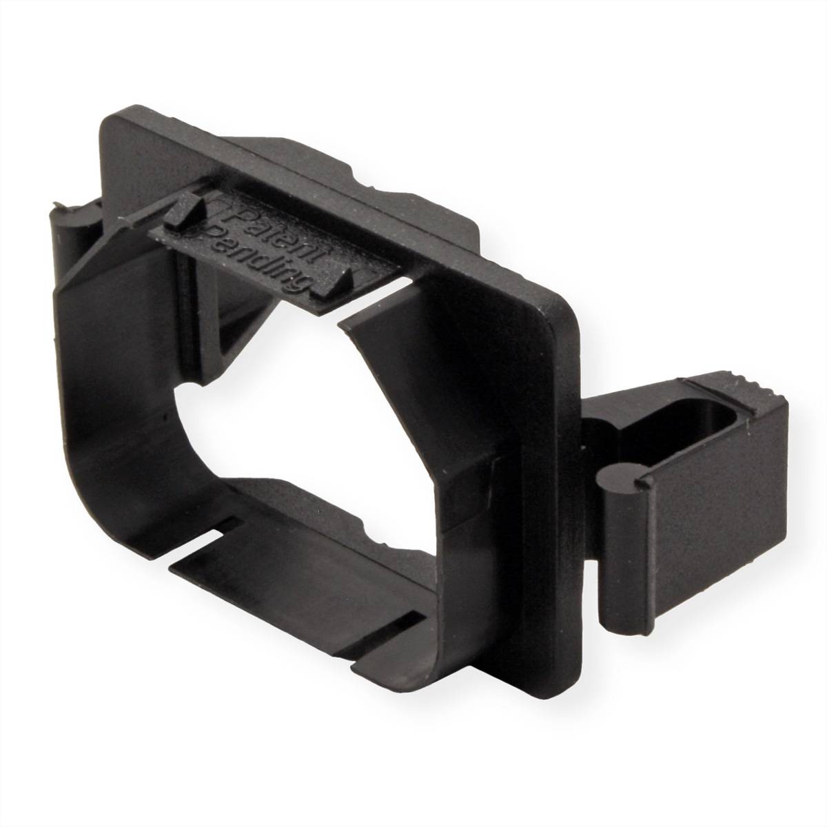 Eine schwarze Kunststoffkabelhalterung in einem rechteckigen Rahmen, die zum Befestigen und Organisieren von Kabeln konzipiert ist und eine Klammer für einfache Befestigung aufweist.