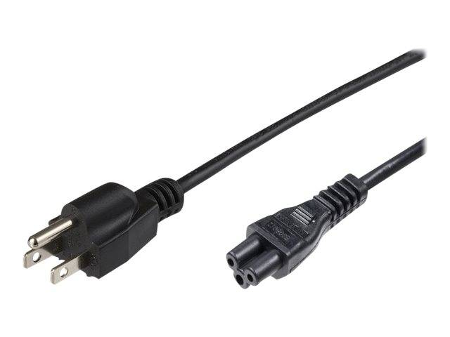 Schwarzes Stromkabel mit einem dreipoligen Stecker an einem Ende und einem zweilöchrigen Verbinder am anderen Ende, gezeigt auf weißem Hintergrund.