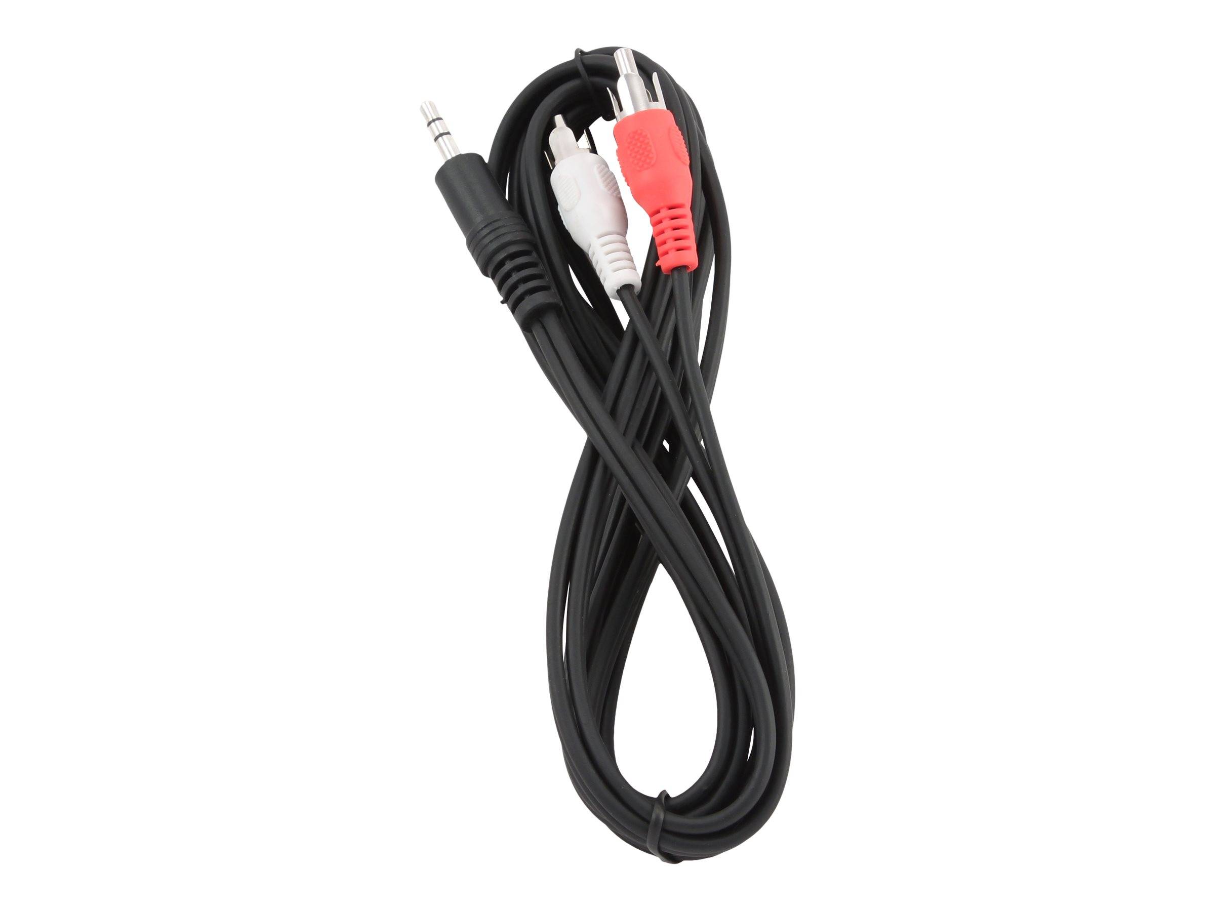 Aufgerolltes schwarzes Audiokabel mit 3,5-mm-Stecker und roten und weißen RCA-Anschlüssen auf weißem Hintergrund.
