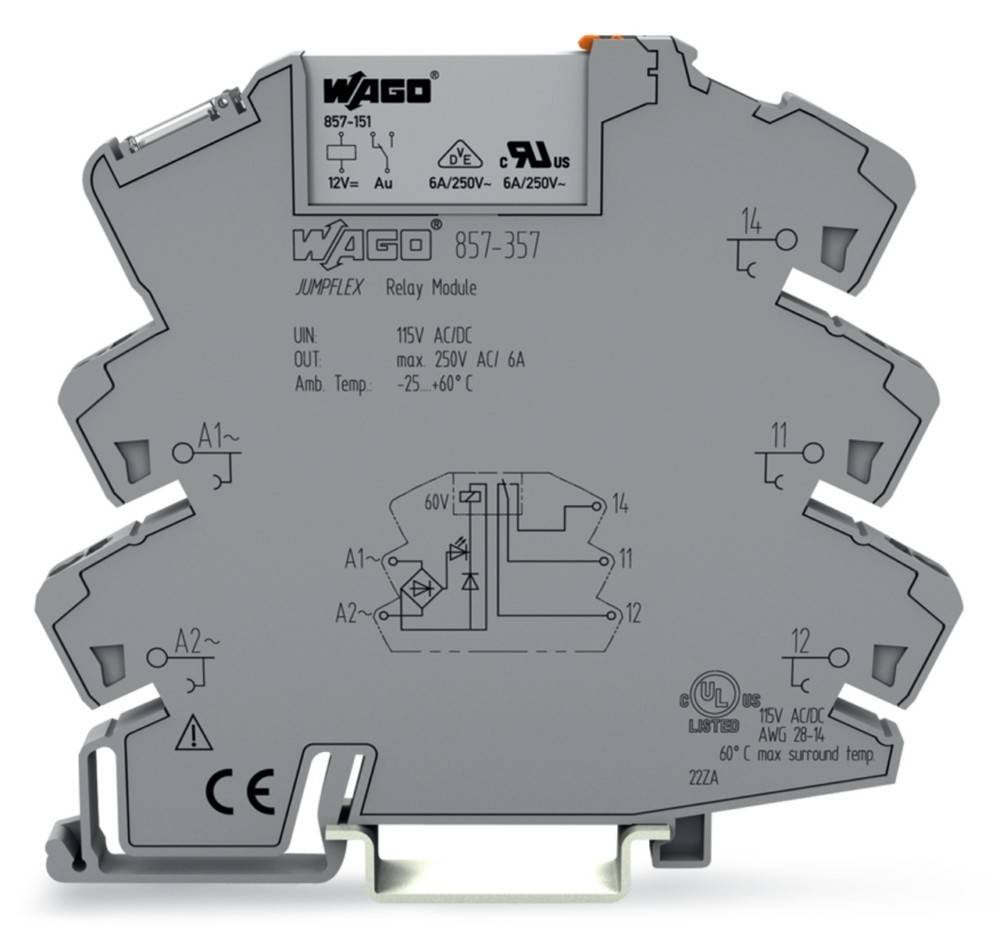 Ein Relaismodul mit gekennzeichneten Eingabe- und Ausgabespezifikationen. Gekennzeichnet als 115V AC/DC, maximal 6A bei 250V. Temperaturbereich -25 bis 60°C.