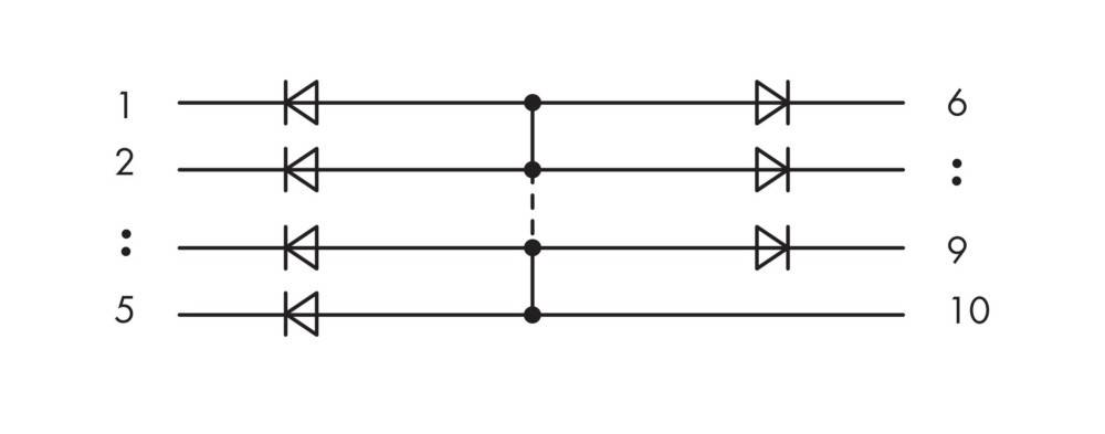 Elektrisches Schaltkreisdiagramm mit drei Drähten; zwei haben durchgehende Verbindungen, und einer weist einen Bruch auf, der durch eine gestrichelte Linie gekennzeichnet ist.