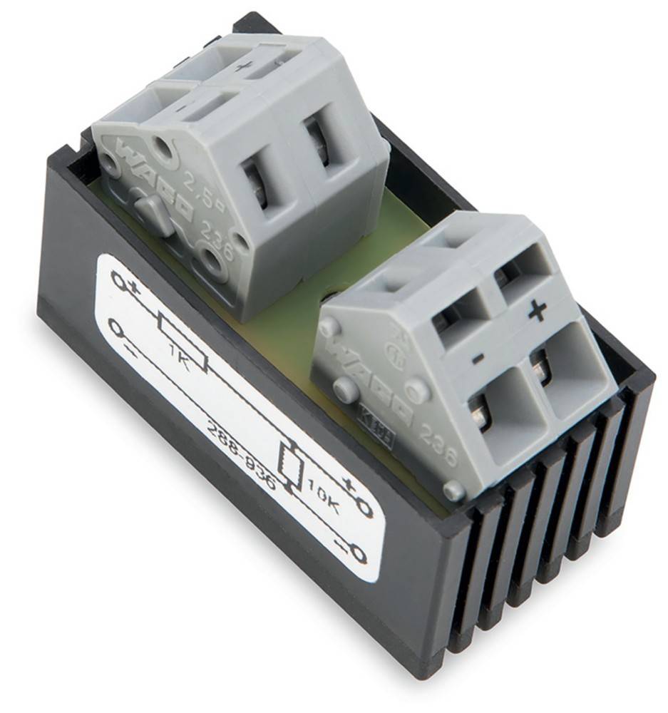 Industrielle elektronische Komponente mit Schraubklemmen und Schaltplan an der Seite, verwendet zur Verbindung und Steuerung von Stromkreisen.