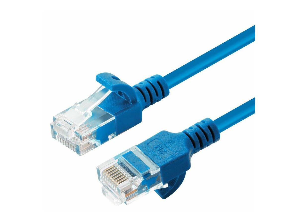 Zwei blaue Ethernet-Netzwerkkabel mit RJ45-Steckern auf weißem Hintergrund.