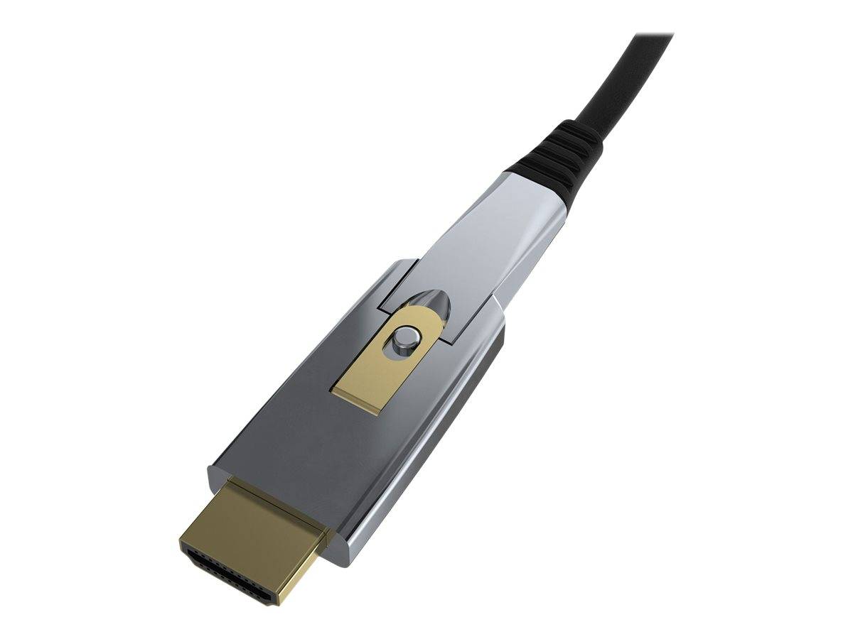 Ein silbernes HDMI-Kabel mit vergoldetem Stecker wird gezeigt, das zur Übertragung von Audio- und Videosignalen zwischen Geräten verwendet wird.