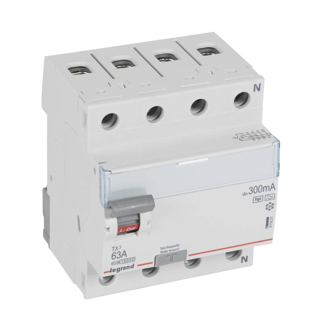 Legrand 63A 300mA TX3 4-polig FI-Schalter, verwendet zum Unterbrechen elektrischer Stromkreise bei Fehlerbedingungen, zur Verbesserung der Sicherheit.