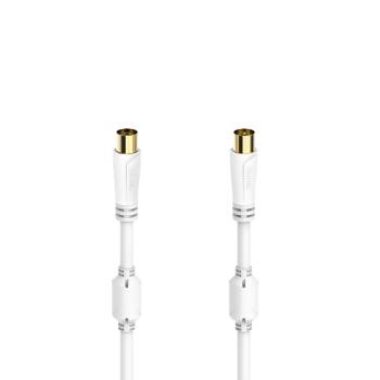 Zwei weiße koaxiale Kabelstecker mit vergoldeten Enden, nebeneinander auf einfachem weißem Hintergrund dargestellt.