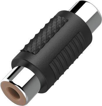 Schwarzer Audioadapter mit verchromten Enden, wahrscheinlich ein RCA-Buchse-zu-Buchse-Koppler.