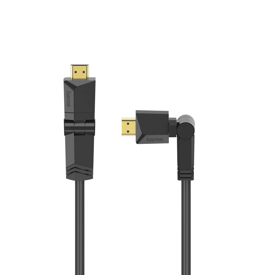 Zwei Ansichten eines schwarzen HDMI-Kabels mit vergoldeten Steckern, eine gerade und eine abgewinkelt, auf weißem Hintergrund.