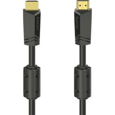 Schwarzes HDMI-Kabel mit zwei Anschlüssen, einer zeigt einen Standard-HDMI-Stecker und der andere einen goldfarbenen Stecker, auf weißem Hintergrund.