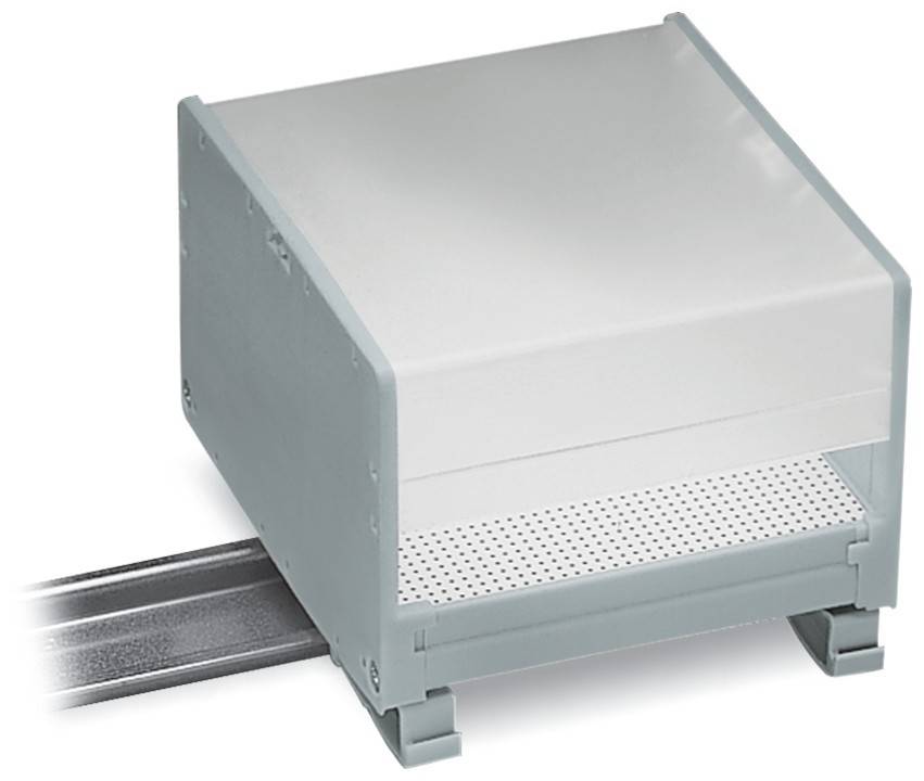 Eine graue Elektroverteilerdose ist auf einer Metallschiene montiert und dient zur Aufnahme von elektronischen Komponenten.