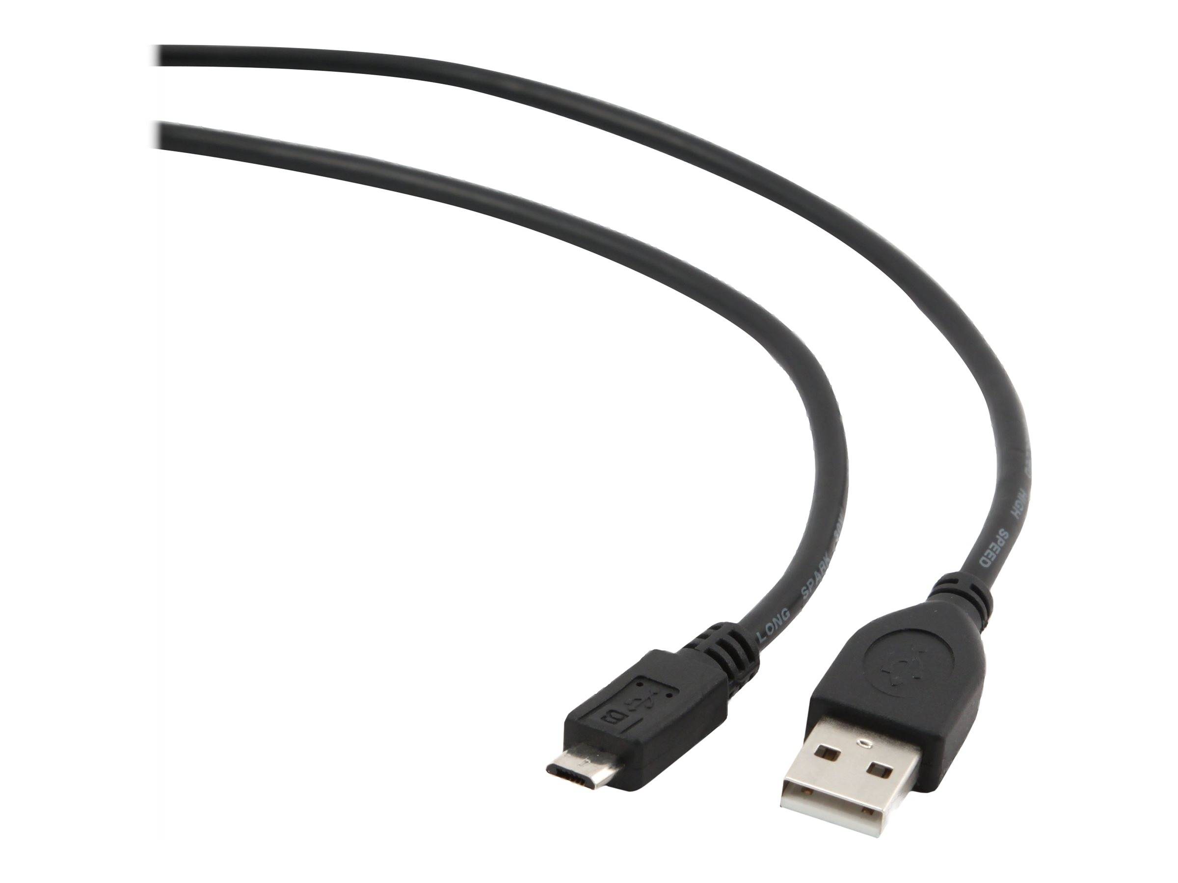 Schwarzes USB-zu-Micro-USB-Kabel auf weißem Hintergrund, das Stecker an beiden Enden zeigt.