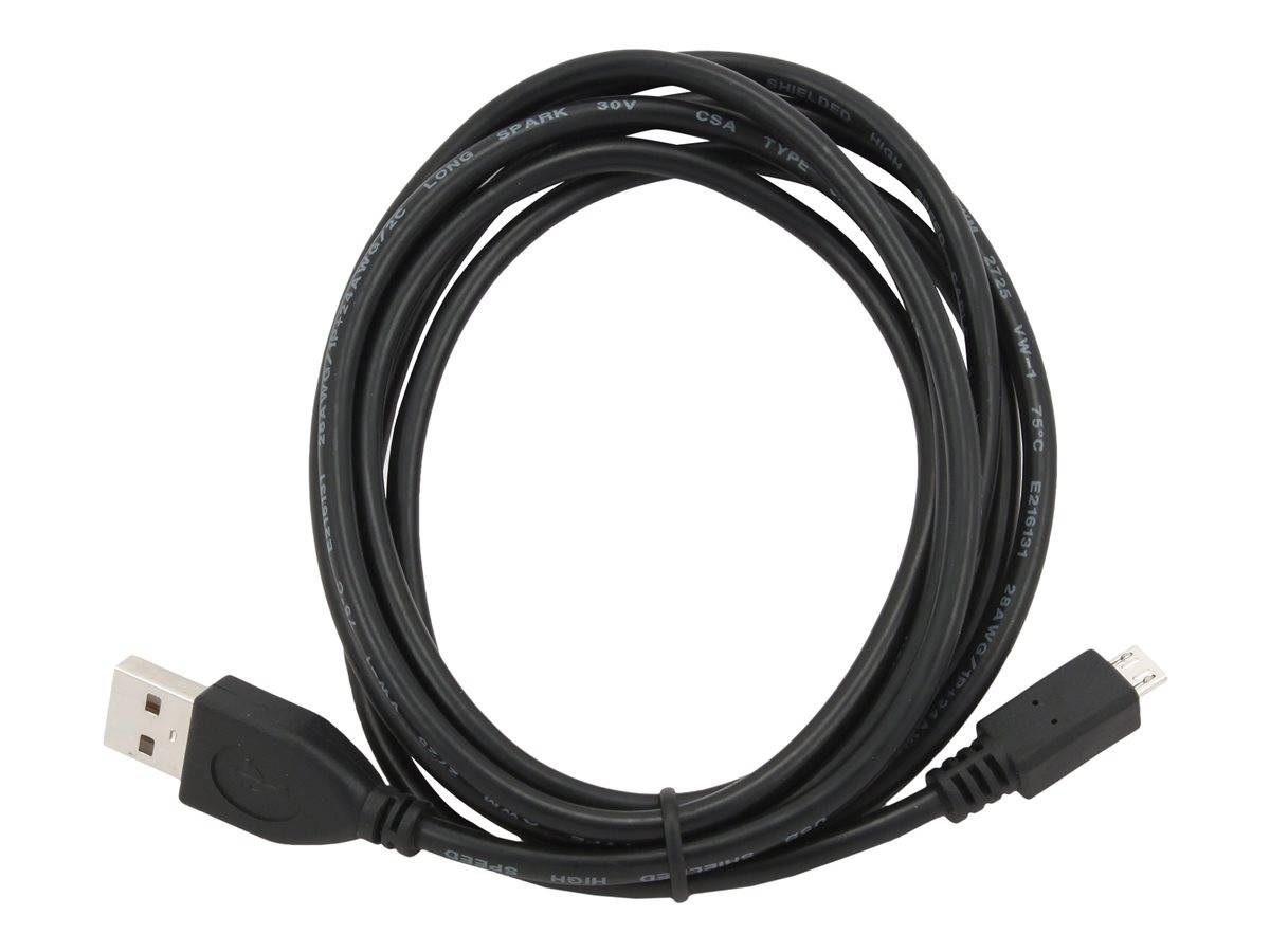 Aufgerolltes schwarzes USB-Kabel mit Standard-USB-A-Anschluss auf der einen Seite und kleinerem USB-Anschluss auf der anderen Seite.