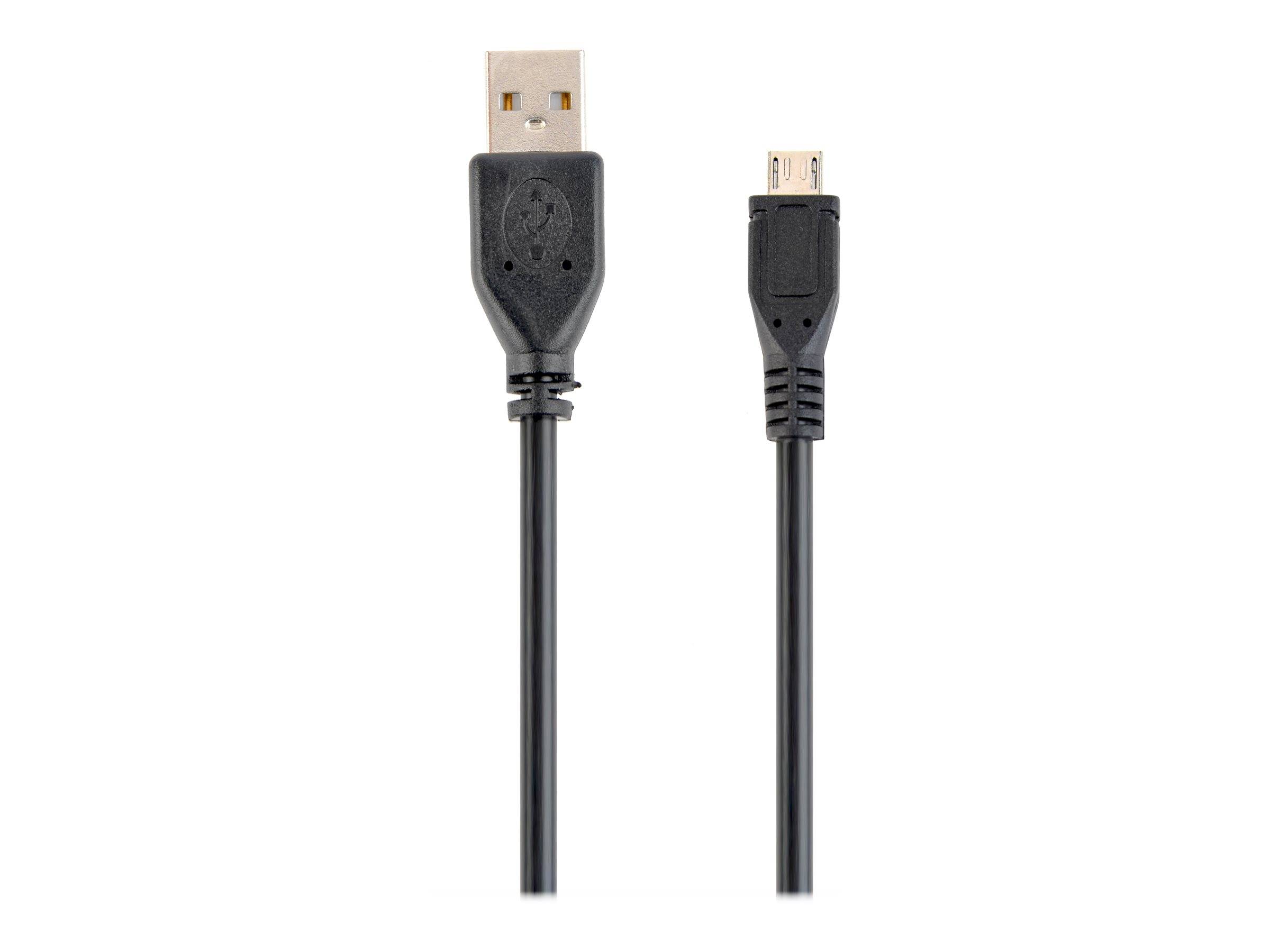 Ein schwarzes USB-auf-Micro-USB-Kabel mit Steckern, die nebeneinander vor weißem Hintergrund gezeigt werden.