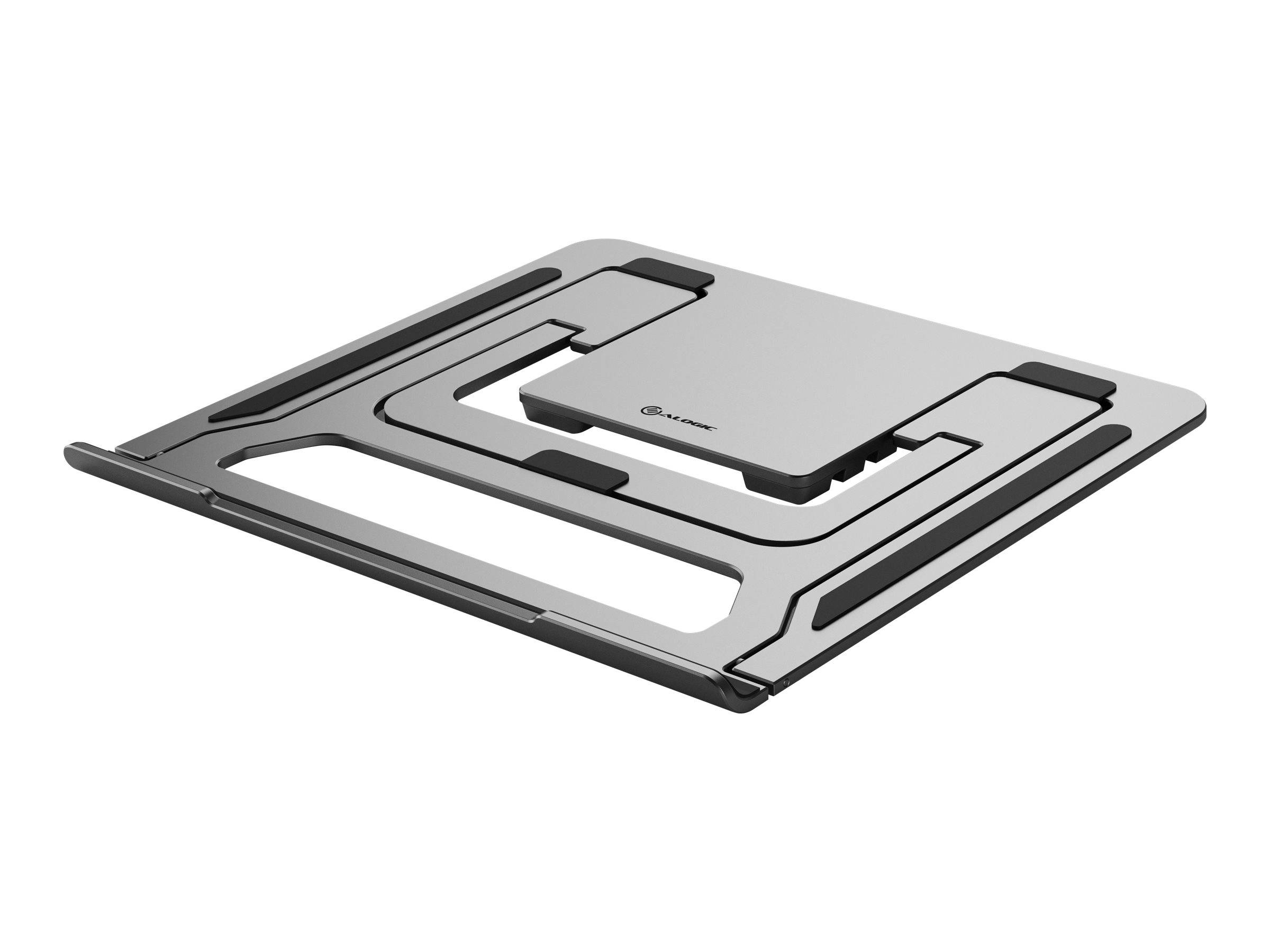 Silberner Laptop-Ständer mit verstellbarer geneigter Plattform und offener Ausschnittrahmen für Kühlung und Geräteunterstützung.