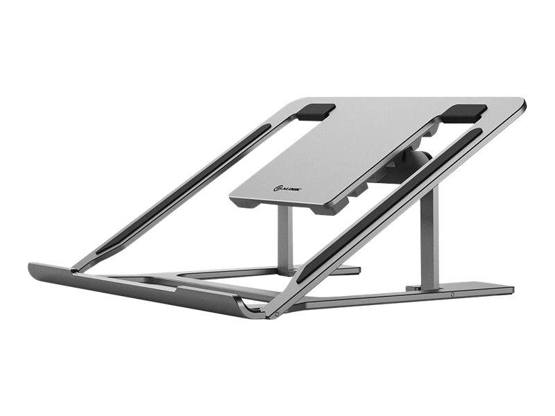 Verstellbarer Laptop-Ständer mit silbernem Metallrahmen und erhöhter Plattform, offen auf weißem Hintergrund dargestellt.