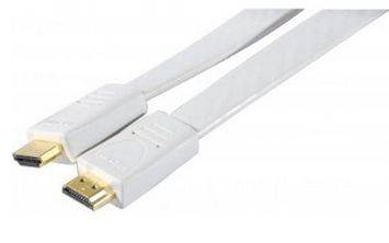 Zwei weiße HDMI-Kabel mit vergoldeten Steckern auf einfachem Hintergrund.