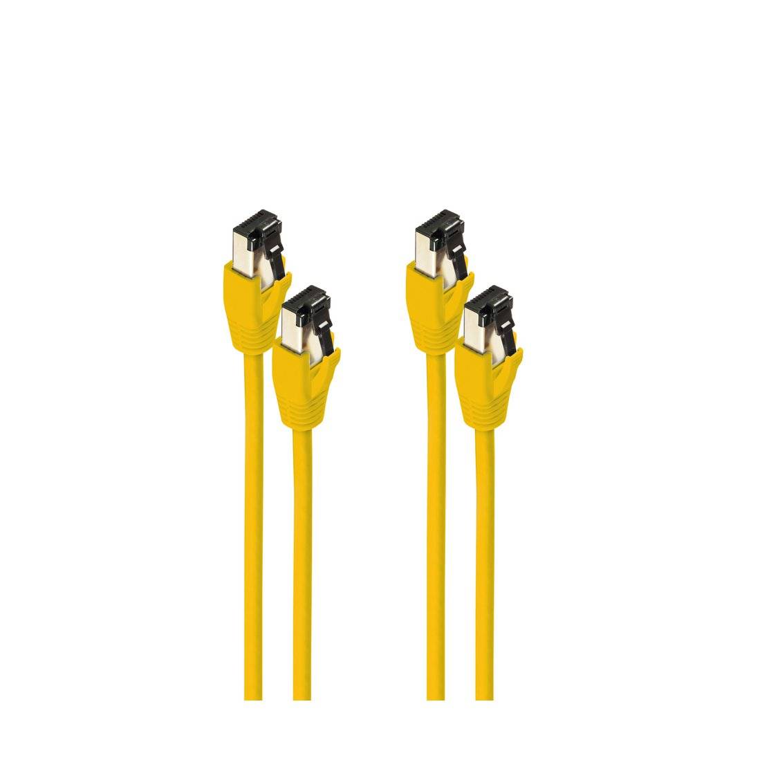Vier gelbe Ethernet-Kabel mit Metall-RJ45-Steckern auf weißem Hintergrund.