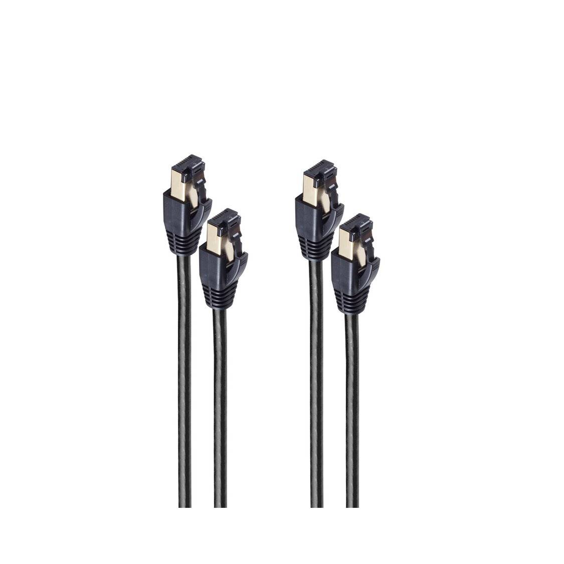 Vier schwarze HDMI-ähnliche Kabel mit vergoldeten Steckern, angeordnet in zwei Paaren auf weißem Hintergrund.