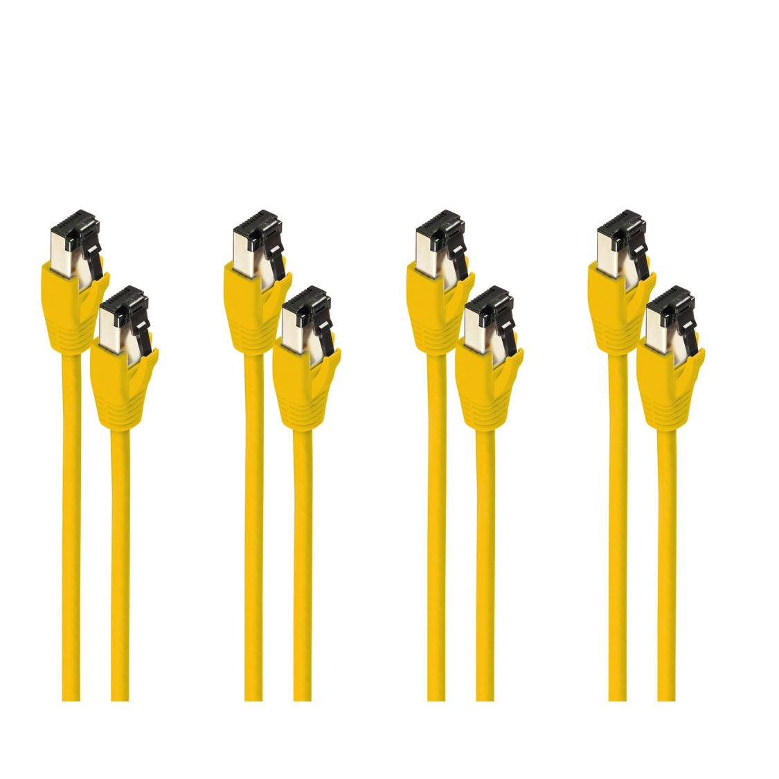Vier gelbe Ethernet-Kabel mit RJ45-Steckern, jeweils als Paar auf weißem Hintergrund dargestellt.
