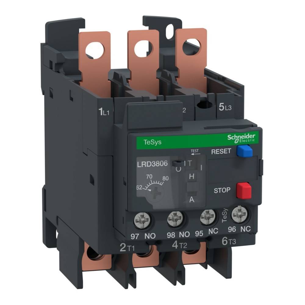 Schneider Electric TeSys LRD3806 thermisches Überlastrelais mit Rückstellungs- und Stopptasten, Kupferverbindern und gekennzeichneten Ein-/Ausgängen.