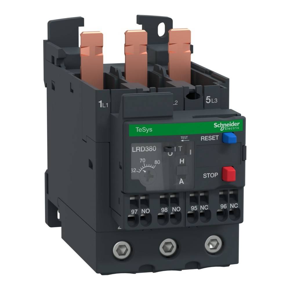 Schneider Electric TeSys LRD380 Relais', das ein schwarzes und grünes elektrisches Relais mit Kupferanschlüssen und beschrifteten Tasten für Reset- und Stopfunktionen zeigt.