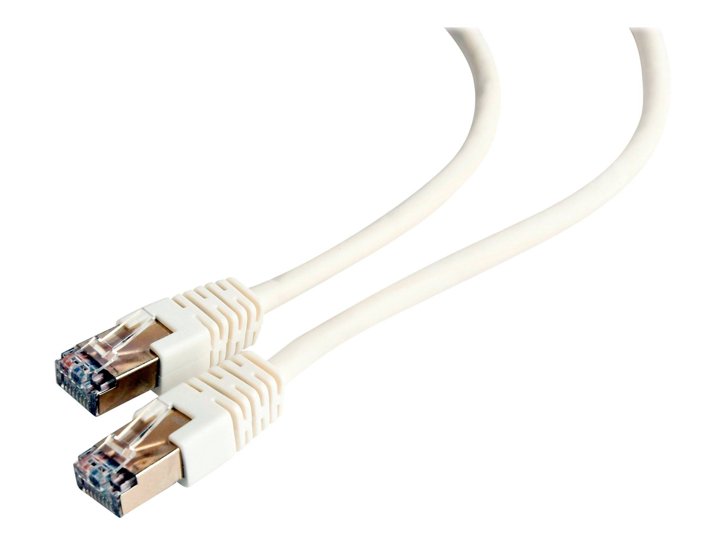 Zwei weiße Ethernet-Kabel mit RJ45-Steckern, gezeigt vor einem einfachen Hintergrund.
