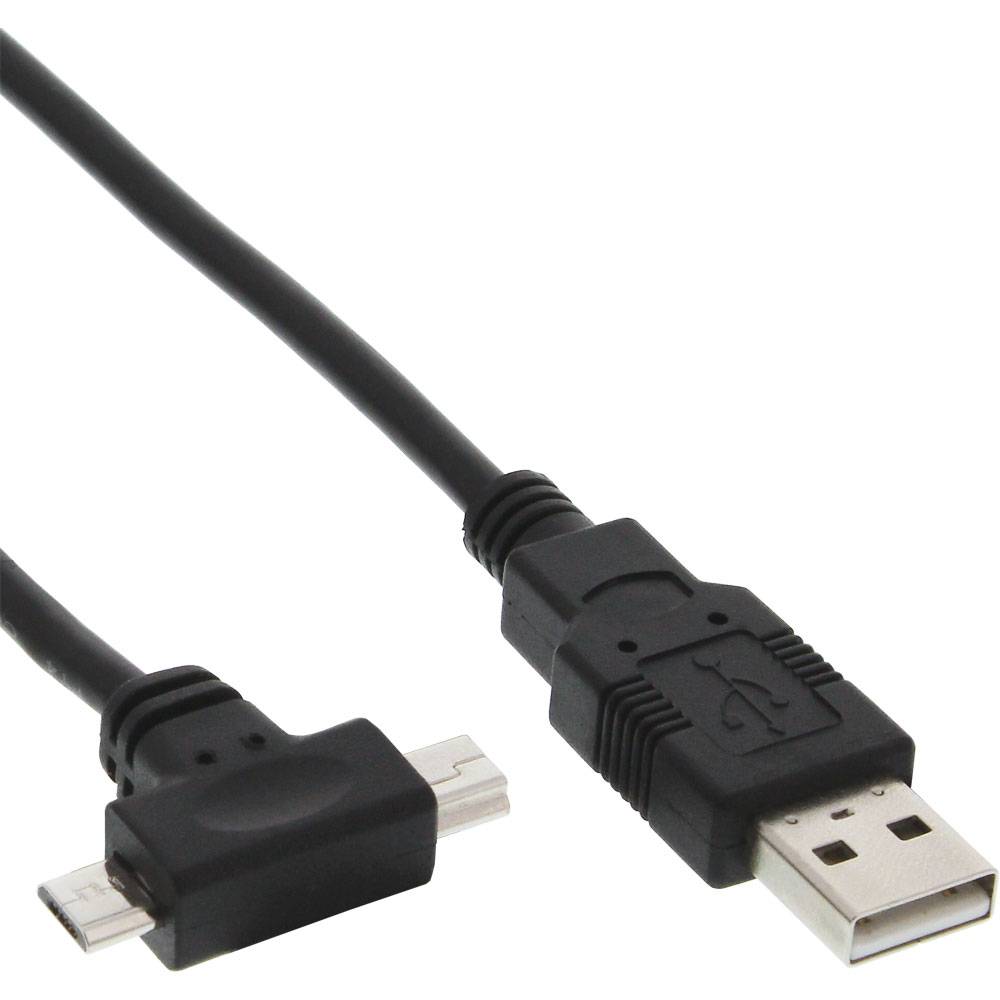 Ein schwarzes USB-auf-Micro-USB-Kabel mit Winkelstecker, geeignet zum Aufladen oder zur Datenübertragung zwischen kompatiblen Geräten.